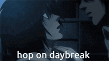 a couple kissing with the words hop on daybreak in the corner