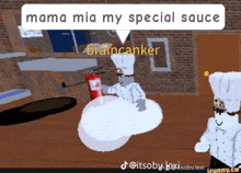 a cartoon of a chef holding a fire extinguisher next to a cloud with the words `` mama mia my special sauce '' .