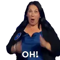 a woman in a blue dress is making a surprised face and says oh!