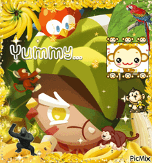 a picture of monkeys and bananas with the words yummy on it