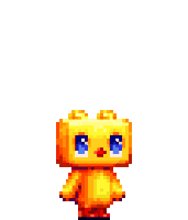a pixel art of a yellow chicken with blue eyes .