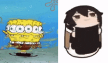 a cartoon of spongebob squarepants and a cartoon of a person with a book in their hand .