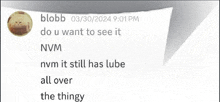 a screenshot of a text message from blobb on 03/30/2024