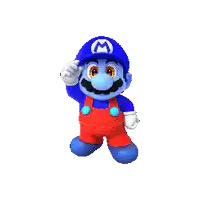 a pixel art of a blue mario with a m on his hat and red overalls