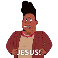 a cartoon woman with glasses and a pink necklace says jesus