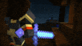 a minecraft character is holding a sword in a dark room