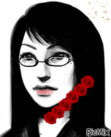 a black and white drawing of a woman with glasses and red roses in her hair by picmix