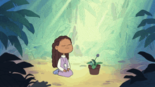 a cartoon of a girl kneeling next to a potted plant with her eyes closed