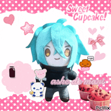 a picture of a stuffed animal with the words sweet cupcakes on the bottom