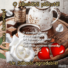 a picture of two cups of coffee and hearts with the words a nice saturday on it