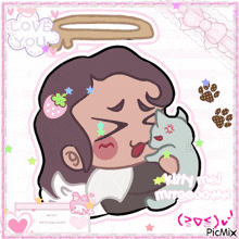 a drawing of a person holding a cat with the words love you written above