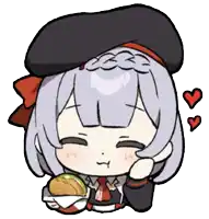 a cartoon drawing of a girl eating a hamburger with three hearts around her .