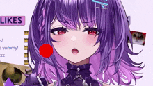 a girl with purple hair and red eyes has a red circle on her cheek
