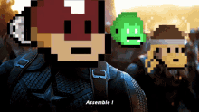 a pixel art of a man with the words assemble i