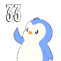 a blue and white penguin with the number 33 on its head