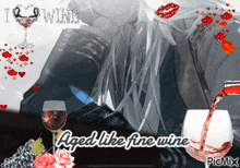 a woman with long white hair is pouring wine into a glass