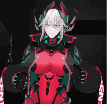 a girl with white hair is wearing a red and green suit with a helmet on .