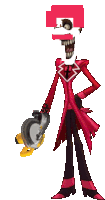 a cartoon character in a red suit and tie is holding a circular saw