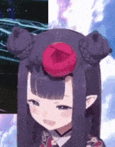 a little girl with purple hair and a red flower in her hair is looking at the camera .