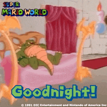 a cartoon of a crocodile laying on a bed with the words " goodnight " below it