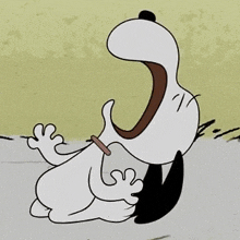 snoopy is laying on the ground with his mouth open and a collar around his neck .