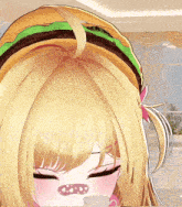 a girl with blonde hair and a hamburger hat on her head