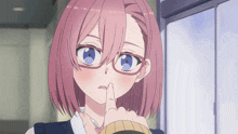 a girl with pink hair and glasses is covering her nose
