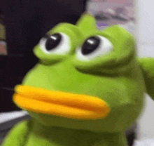 a green stuffed frog with a yellow beak and big eyes .