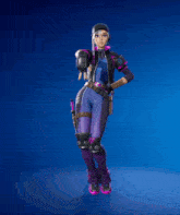 a girl in a purple and black outfit with a gun