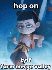 a cartoon character with the words hop on tytf farm merge valley on the bottom