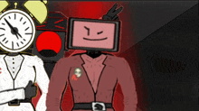 a cartoon of a man with a clock on his head and another man with a smiley face on his head