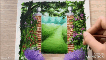 a painting of a garden with flowers and a brick archway is made by wow art