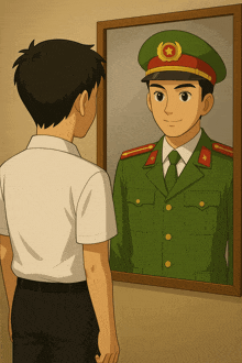 a man in a military uniform looks at himself in the mirror