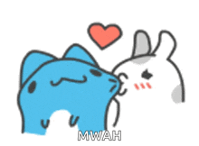 a cartoon of a cat and a rabbit kissing with the word mwah written below them