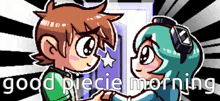 a cartoon of a boy and a girl holding hands with the words good piece morning written below them
