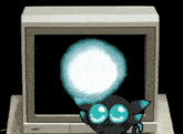 a cartoon cat is sitting in front of a computer monitor that says amiga