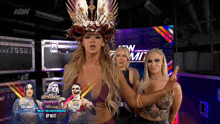a woman wearing a crown stands in front of a sign that says aew on it