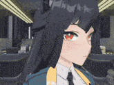 a girl with long black hair and red eyes is wearing a blue jacket and tie