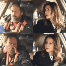a man with a beard is holding a cane while a woman sits in the back seat of a car