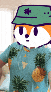 a person wearing a blue shirt with pineapples and a hat with a fish on it