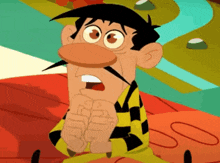 a cartoon character with a big nose and mustache is pointing at something