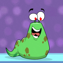 a cartoon of a green worm with red eyes