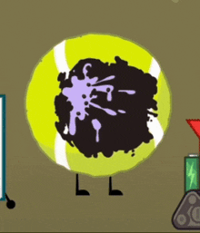 a drawing of a tennis ball with a purple stain on it