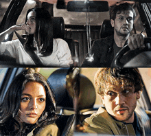 a man and a woman are sitting in a car looking at something