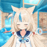 a girl with a cat ear and a sailor outfit is standing in a room with her eyes closed