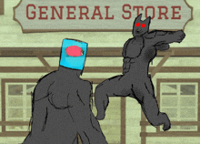 a drawing of a general store with a cartoon character standing in front of it