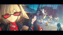 a girl wearing red sunglasses and a red jacket with a sticker that says ' smack ' on it