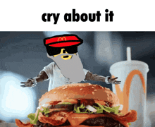 a cartoon character with a mcdonald 's hat and sunglasses is standing next to a mcdonald 's hamburger