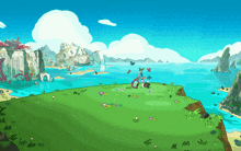 a cartoon drawing of a person standing on a hill overlooking a body of water