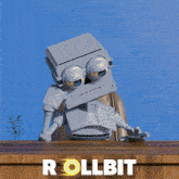 a skeleton sits on a wooden table with the word rollbit on the bottom